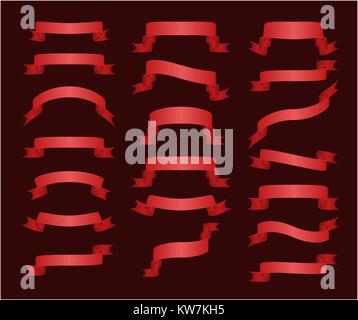 Set di 20 lucido rosso banner a nastro isolati su sfondo nero Illustrazione Vettoriale