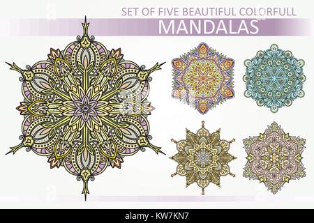 Set di cinque vettore astratto colorato in pizzo rotondo progetta in mono stile di linea - mandala, elementi decorativi in toni luminosi. Illustrazione Vettoriale