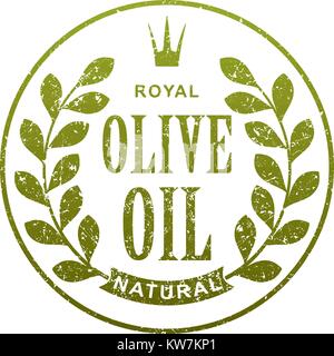 Olio di oliva etichetta astratta con filiali e corona in stile grunge per il design. Illustrazione Vettoriale