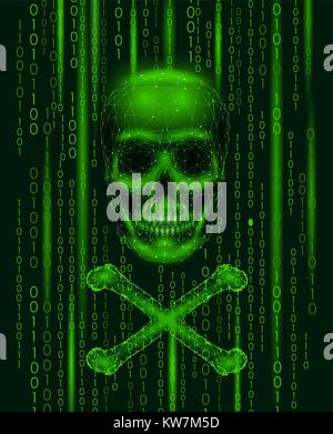 Jolly Roger cranio codice binario i numeri. La pirateria Hacker computer online avviso di attacco. Scary hacking avvertenza di sicurezza per la protezione dei dati. Bassa poli tria poligonale Illustrazione Vettoriale