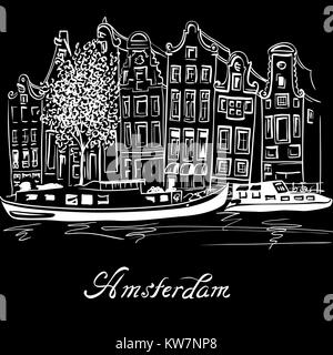 Vettore del canale di Amsterdam e tipiche case olandese Illustrazione Vettoriale