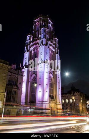 Wills Memorial Building a Bristol a notte Foto Stock