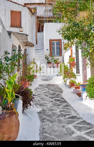 Case tradizionali bianche nel trimestre Anafiotika sotto l'Acropoli di Atene, Grecia Foto Stock