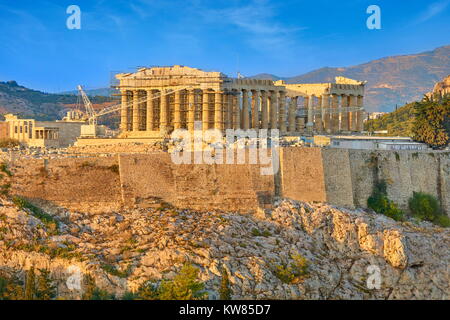 Vista al Partenone al tramonto del tempo, Acropoli di Atene, Grecia Foto Stock