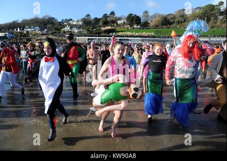 Affondo di Lyme messo su dal Rotary Club di Lyme Regis per raccogliere fondi per beneficenza, Capodanno nuotare, Lyme Regis, Dorset, Regno Unito Foto Stock