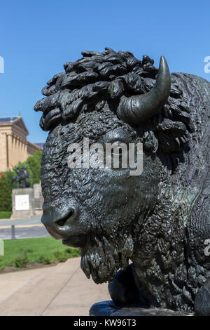 La scultura di Buffalo sul Washington Monument Fontana, Eakins ovale, Philadelphia, Pennsylvania, USA. Foto Stock