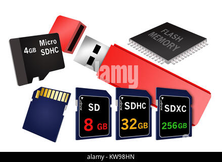 La memoria Flash è il tema di questa illustrazione assortita con dispositivi raffigurati che utilizzano la memoria flash. Nella foto sono le schede SD, micro SD thumb drive e Foto Stock