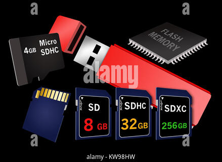 La memoria Flash è il tema di questa illustrazione assortita con dispositivi raffigurati che utilizzano la memoria flash. Nella foto sono le schede SD, micro SD thumb drive e Foto Stock