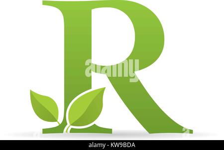 Logo con la lettera r di colore verde decorato con foglie di colore verde - immagine vettoriale Illustrazione Vettoriale