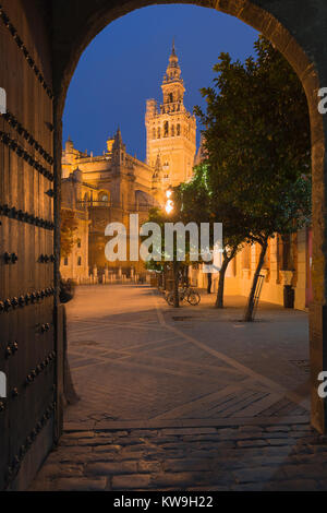 La torre Giralda e la Cattedrale da Reales Alcazares, Siviglia, Andalusia, Spagna. Foto Stock