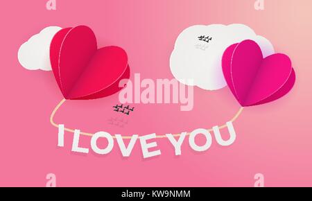 Amore foglietto design. Scheda di festa con cuori di carta Illustrazione Vettoriale