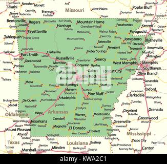 Mappa di Arkansas. Mostra i confini, zone urbane, nomi di località, strade e autostrade. Proiezione: proiezione di Mercatore. Illustrazione Vettoriale