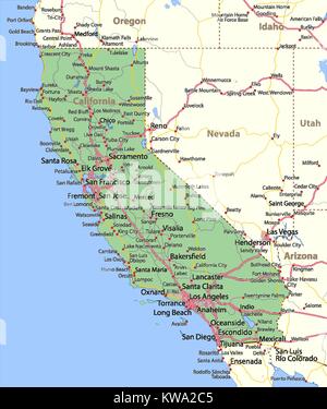 Mappa della California. Mostra i confini, zone urbane, nomi di località, strade e autostrade. Proiezione: proiezione di Mercatore. Illustrazione Vettoriale