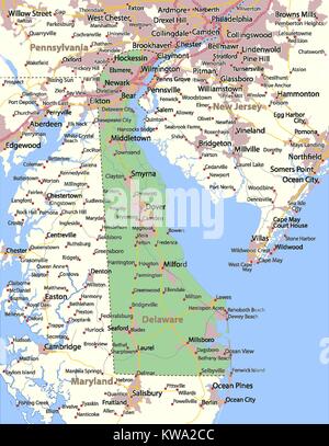 Mappa di Delaware. Mostra i confini, zone urbane, nomi di località, strade e autostrade. Proiezione: proiezione di Mercatore. Illustrazione Vettoriale