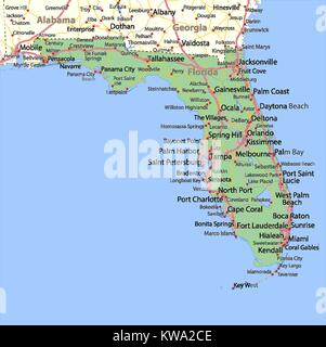 Mappa di Florida. Mostra i confini, zone urbane, nomi di località, strade e autostrade. Proiezione: proiezione di Mercatore. Illustrazione Vettoriale
