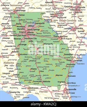 Mappa di Georgia. Mostra i confini, zone urbane, nomi di località, strade e autostrade. Proiezione: proiezione di Mercatore. Illustrazione Vettoriale