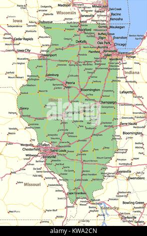 Mappa di Illinois. Mostra i confini, zone urbane, nomi di località, strade e autostrade. Proiezione: proiezione di Mercatore. Illustrazione Vettoriale