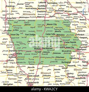 Mappa di Iowa. Mostra i confini, zone urbane, nomi di località, strade e autostrade. Proiezione: proiezione di Mercatore. Illustrazione Vettoriale