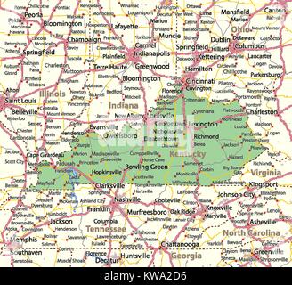 Mappa del Kentucky. Mostra i confini, zone urbane, nomi di località, strade e autostrade. Proiezione: proiezione di Mercatore. Illustrazione Vettoriale