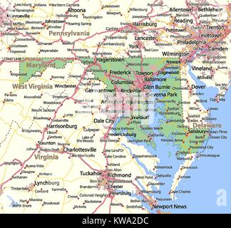 Mappa di Maryland. Mostra i confini, zone urbane, nomi di località, strade e autostrade. Proiezione: proiezione di Mercatore. Illustrazione Vettoriale