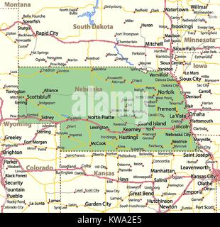 Mappa del Nebraska. Mostra i confini, zone urbane, nomi di località, strade e autostrade. Proiezione: proiezione di Mercatore. Illustrazione Vettoriale