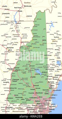 Mappa del New Hampshire. Mostra i confini, zone urbane, nomi di località, strade e autostrade. Proiezione: proiezione di Mercatore. Illustrazione Vettoriale