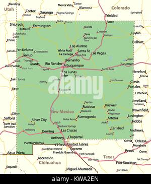 Mappa del Nuovo Messico. Mostra i confini, zone urbane, nomi di località, strade e autostrade. Proiezione: proiezione di Mercatore. Illustrazione Vettoriale