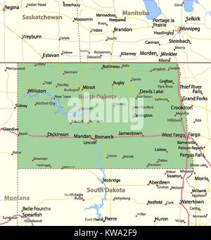 Mappa di North Dakota. Mostra i confini, zone urbane, nomi di località, strade e autostrade. Proiezione: proiezione di Mercatore. Illustrazione Vettoriale