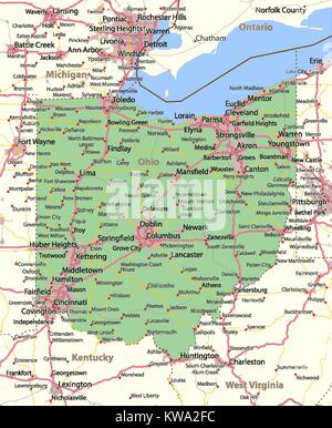 Mappa di Ohio. Mostra i confini, zone urbane, nomi di località, strade e autostrade. Proiezione: proiezione di Mercatore. Illustrazione Vettoriale