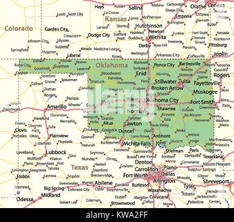 Mappa di Oklahoma. Mostra i confini, zone urbane, nomi di località, strade e autostrade. Proiezione: proiezione di Mercatore. Illustrazione Vettoriale