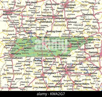 Mappa del Tennessee. Mostra i confini, zone urbane, nomi di località, strade e autostrade. Proiezione: proiezione di Mercatore. Illustrazione Vettoriale