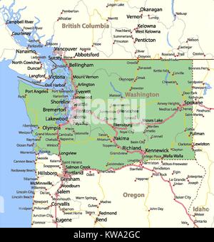 Mappa di Washington. Mostra i confini, zone urbane, nomi di località, strade e autostrade. Proiezione: proiezione di Mercatore. Illustrazione Vettoriale