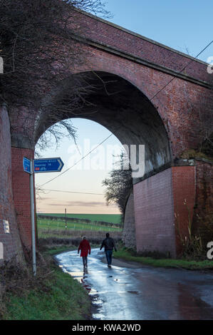 Arco in mattoni viadotto ferroviario, Hudson Via Rail Trail sul percorso della ex York a Beverley ferroviarie, Kiplingcotes, East Riding, nello Yorkshire, Inghilterra. Foto Stock