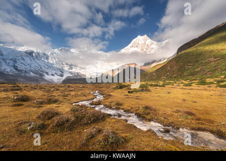 Lo splendido paesaggio di alta montagna con cime coperte di neve, piccolo fiume, giallo Erba e cielo nuvoloso al colorato sunrise. Valle di montagna. Il Nepal. Foto Stock