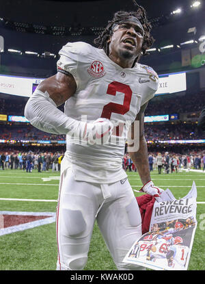 New Orleans, LA, Stati Uniti d'America. 1a gen, 2018. Alabama Crimson Tide defensive back Tony Brown (2) festeggia dopo aver sconfitto i Clemson Tigers 24-6 durante l'Allstate Sugar Bowl tra l'Alabama Crimson Tide e la Clemson Tigers al Mercedes-Benz Superdome di New Orleans, in Louisiana. John Glaser/CSM/Alamy Live News Foto Stock