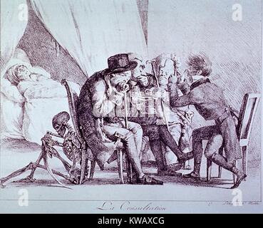 Litografia francese dal titolo 'La consultazione" (consultazione), da Eugene Delacroix e Charles Etienne Pierre Motte mostra pazienti e medici, Francia, 1835. La cortesia Libreria Nazionale di Medicina. Foto Stock