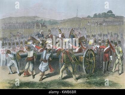 "Soffia da una pistola" l'esecuzione di 40 Sepoy rivoltosi in Ludhiana, 10 giugno 1857. Il condannato Sepoy indiani ribelli sono stati dalla 54th reggimento della East India Company's esercito. British e leali truppe indiane stand nella testimonianza, come porto firers attendono (BSIC 2016 9 8). 7 Continenti Storia/Everett Collection Foto Stock