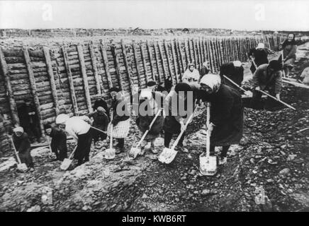 Abitanti di Leningrado costruire anti-serbatoio fossati nel 1941 o 1942. Il Soviet (Russo) Equipaggio di lavoro comprese le donne di tutte le età, utilizzando pale e sceglie di difendere Leningrado durante i 872 giorni di assedio durante la guerra mondiale 2. (BSLOC 2014 8 36) Foto Stock