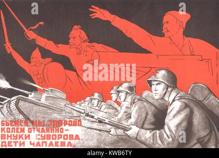 Sovietica Guerra Mondiale 2 poster da Kukryniksy, 1941. "Ci sarà lotta fortemente, sciopero disperatamente nipoti di Suvorov, figli di Chapaev'. Il leggendario Russo leader militari sono raffigurati in background: Alexander Nevsky, Alexander Suvorov, e Vasily Ivanovich Chapaev. (BSLOC 2014 8 51) Foto Stock