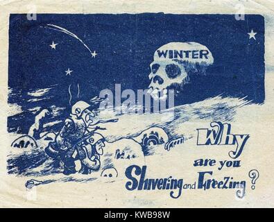 La Propaganda opuscolo distribuito dai comunisti durante la Guerra di Corea, 1950-1953. "Perché siete i brividi e congelamento?' Cartoon mostra due big-soldati dal naso nella neve con un teschio etichettato 'invernali'. I comunisti avevano distribuito dei volantini in gusci di artiglieria o a mano li interrotte da slow-battenti biplani di notte. (BSLOC 2014 11 265) Foto Stock