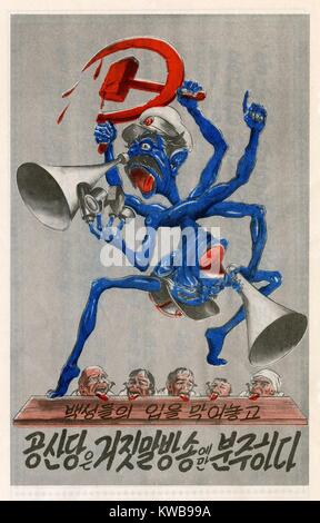 La Propaganda opuscolo distribuito dalle forze delle Nazioni Unite conducono dagli Stati Uniti durante la Guerra di Corea, 1950-1953. Una creatura blu con due bocche, megafoni, microfoni e falce e martello logo. Di seguito sono senza parole uomini coreani con le loro alette inchiodati ad un bordo. Stati Uniti Air Force B-29s aveva un sofisticato sistema di goccia opuscoli nelle missioni di notte su aree nemiche. (BSLOC 2014 11 270) Foto Stock