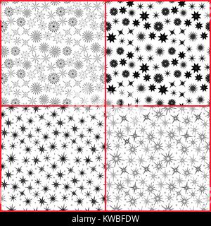 Set di quattro vettore senza soluzione di continuità con i modelli di varie stelle isolato su sfondi bianchi separati con rosso Illustrazione Vettoriale