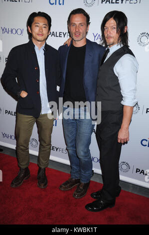 NEW YORK, NY - 11 ottobre: Steven Yeun, Andrew Lincoln, Norman Reedus assiste la seconda annua Paleyfest New York presenta: "The Walking Dead a Paley Centre for Media su ottobre 11, 2014 in New York New York Persone: Steven Yeun, Andrew Lincoln, Norman Reedus Foto Stock