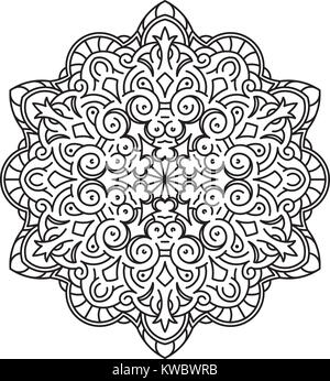 Round asimmetrica elemento decorativo - Pizzi mandala in stile zentangle. Vettore stilizzati fiore per progettare o tatuaggio. Illustrazione Vettoriale