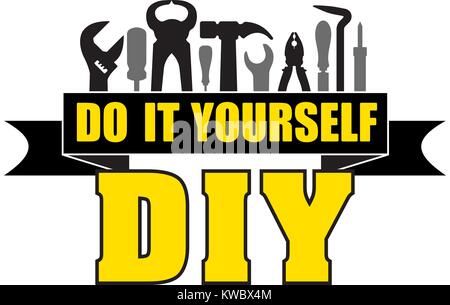 DIY Do it yourself banner con sagome di lavoratori strumenti: martello, cacciavite, pinze, file, saldatore, pinze, AWL, ecc. Illustrazione Vettoriale