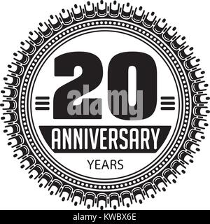 Vintage anniversario 20 anni emblema tondo. In stile retrò vettore sfondo in toni di nero. Illustrazione Vettoriale