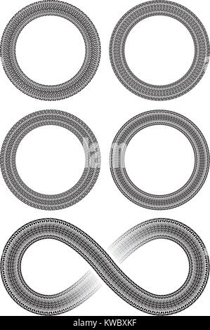 Set di quattro round frame del vettore in tracce di pneumatici e di stile stile pneumatico segno d'infinito Illustrazione Vettoriale