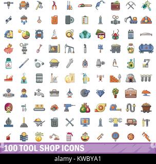 100 tool shop set di icone, stile cartoon Illustrazione Vettoriale