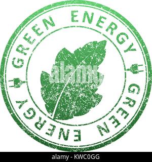 Timbro di gomma energia verde rotondo disegno vettoriale con foglia e spina di alimentazione per i connettori Illustrazione Vettoriale