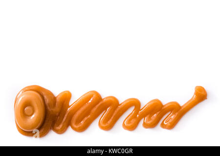 Toffee caramella e salsa di caramello isolati su sfondo bianco. Copyspace. Foto Stock